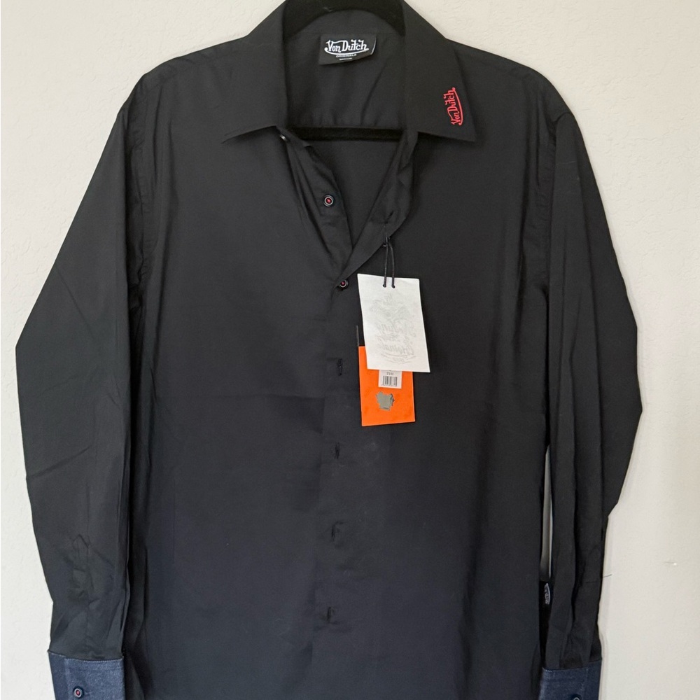 Von Dutch Black Dress Shirt with Red and Denim Details